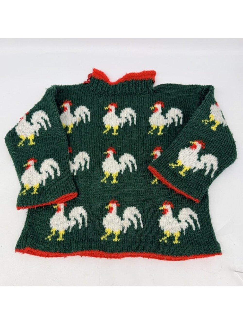 Vintage Knit Sweater Chickens Rooster Hand Crafted Green Red Children 70’s 80’s
